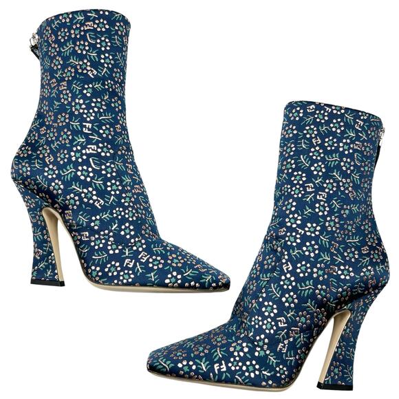 FENDI FFreedom 105mm Square Toe Ankle Boots EU 38 US 8 Floral Jacquard Navy Gold - Picture 4 of 13